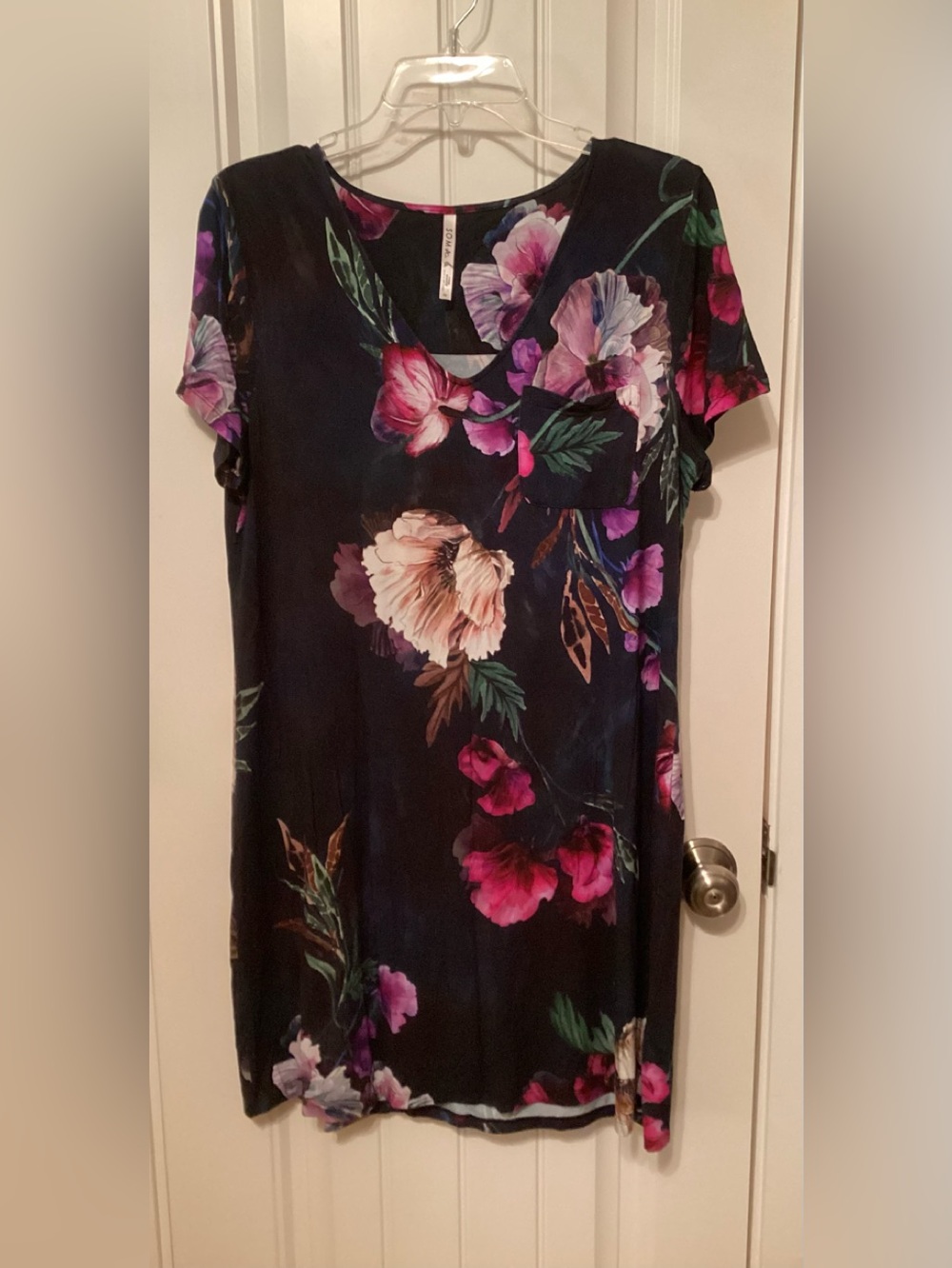 Soma “Cool Night” Navy Floral Knit Nightie with Pink & Purple Blooms